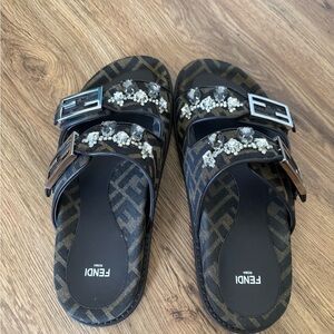 Fendi Black and Brown Embellished Sandals